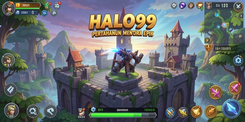 Tampilan seru gameplay HALO99 yang menampilkan pertahanan menara.
