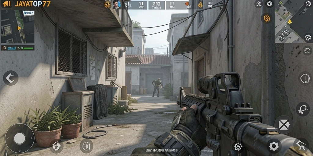 Tampilan gameplay JAYATOP77 dengan aksi tembak-menembak yang intens.