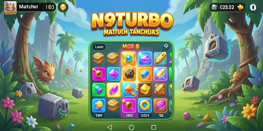 Screenshot utama N9TURBO menampilkan gameplay Match-3 yang seru.